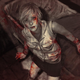 Dead by Daylight survivor wearing a black miniskirt and white shirt covered in blood cowers in fear while holding a flashlight.
